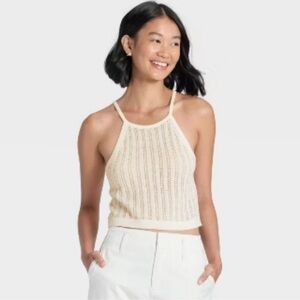 a new day Cream Sleeveless Halter Neck Pointelle Tank Pullover Sweater